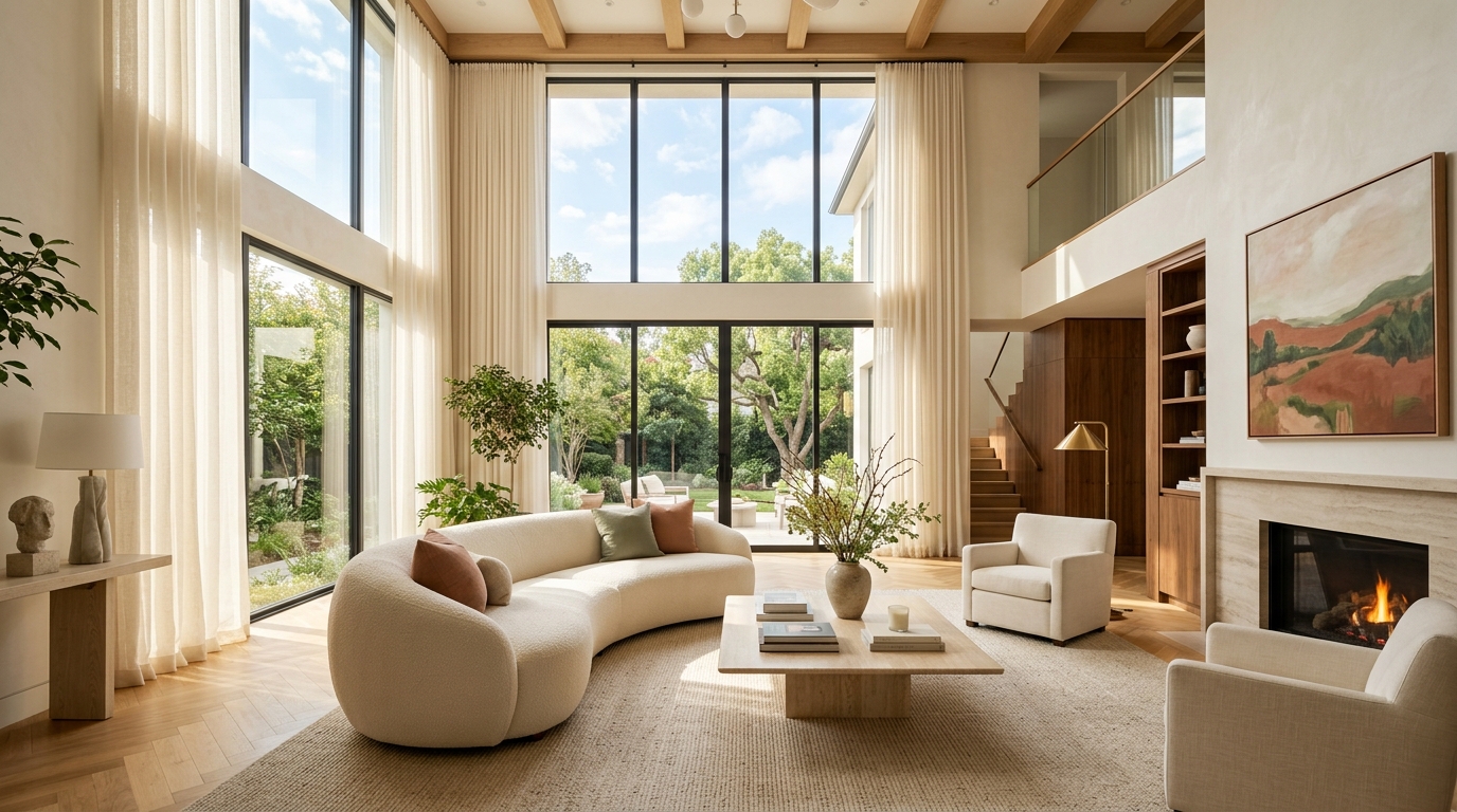 Luxury light-filled living room curated by Apple Home Decors